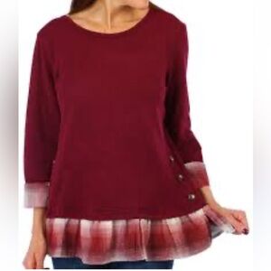 NWT Kaktus Women's Burgundy Plaid Trim Sweater